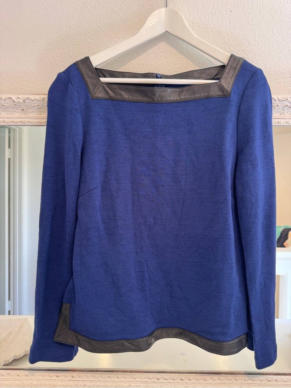St. John Milano Knit Top Cobalt Blue Black Leather Trim Sweater Quiet Luxury